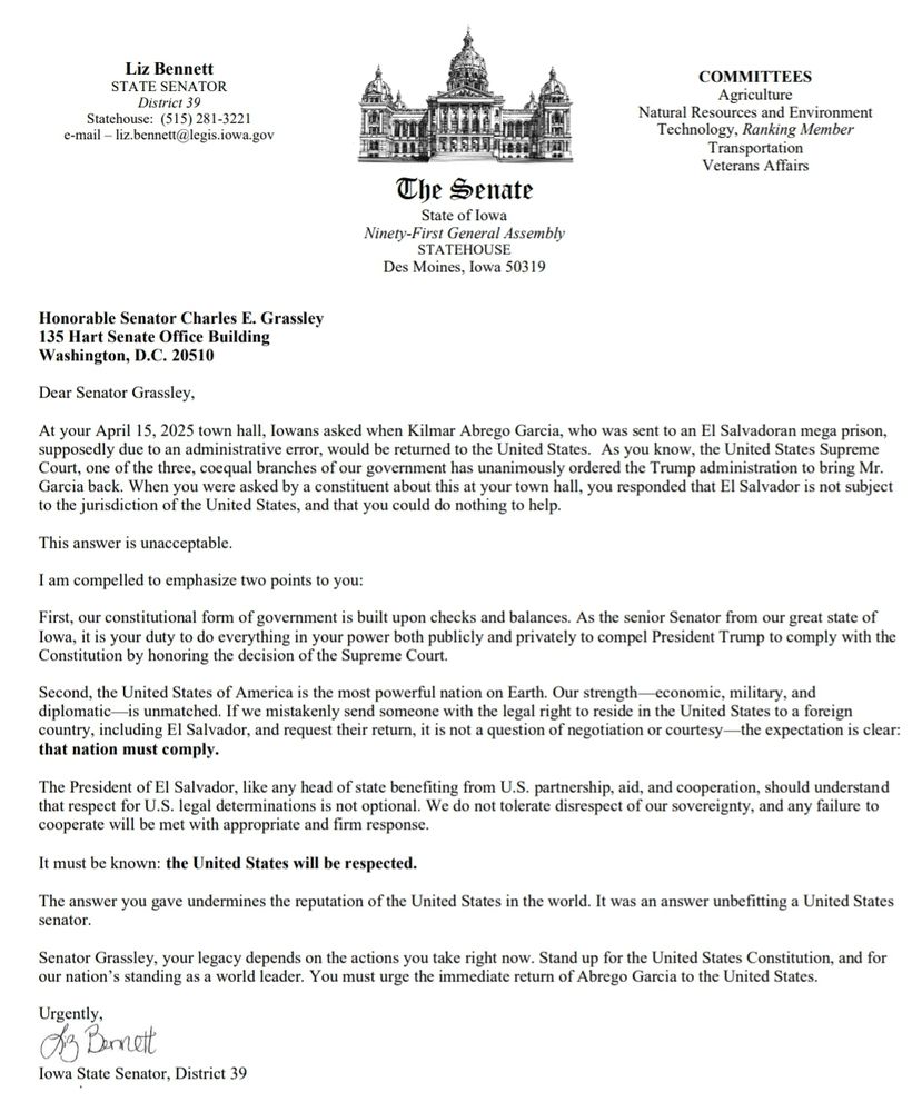 Image is of a letter from Iowa State Senator Liz Bennett to U.S. Senator Chuck Grassley, on official Iowa Senate letterhead.