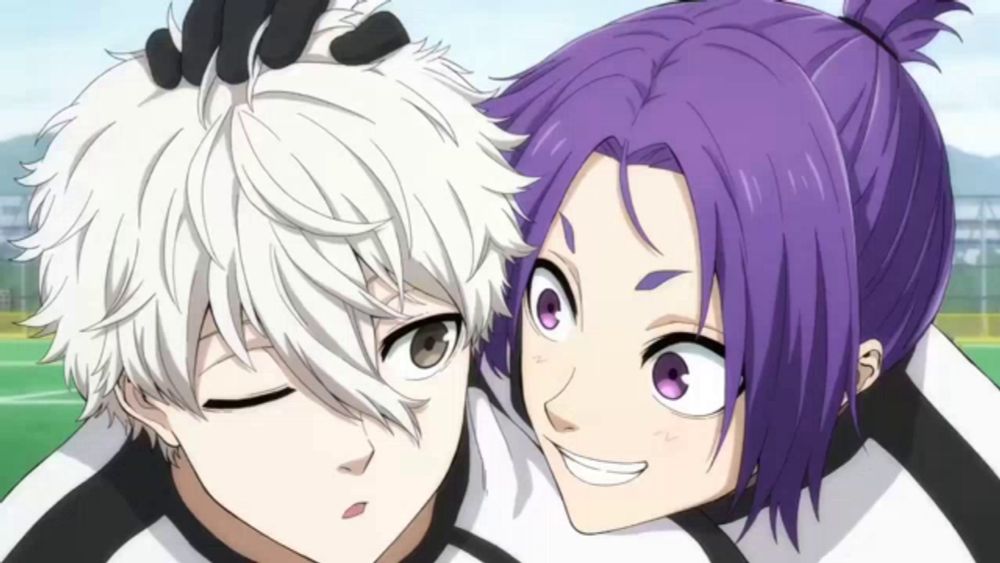 two anime characters with purple hair and white hair