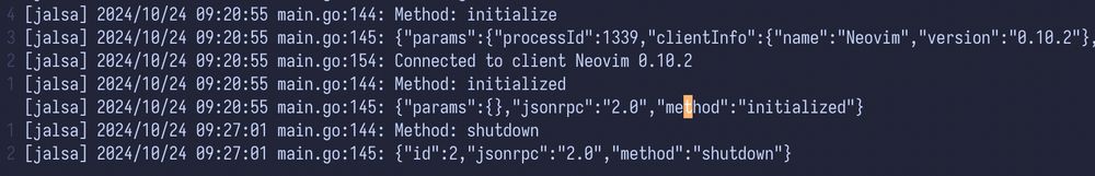 Image show LSP server logs that show initialization and shutdown. The server is connected to Neovim 0.10.2