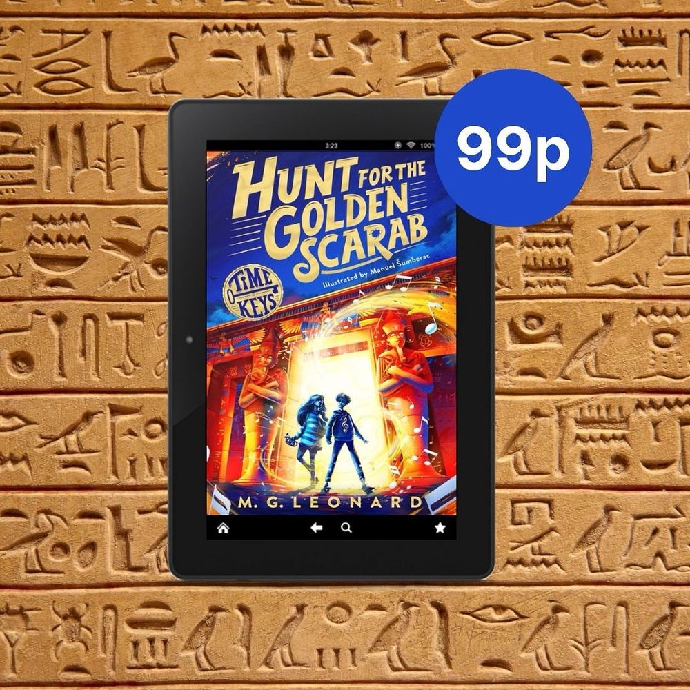 Hunt for the Golden scarab on a kindle against a back drop of hyroglyphs.