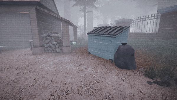 First person view of player character interacting with a trash bin and trash bag on the first chapter of our first game titled "Realtor".