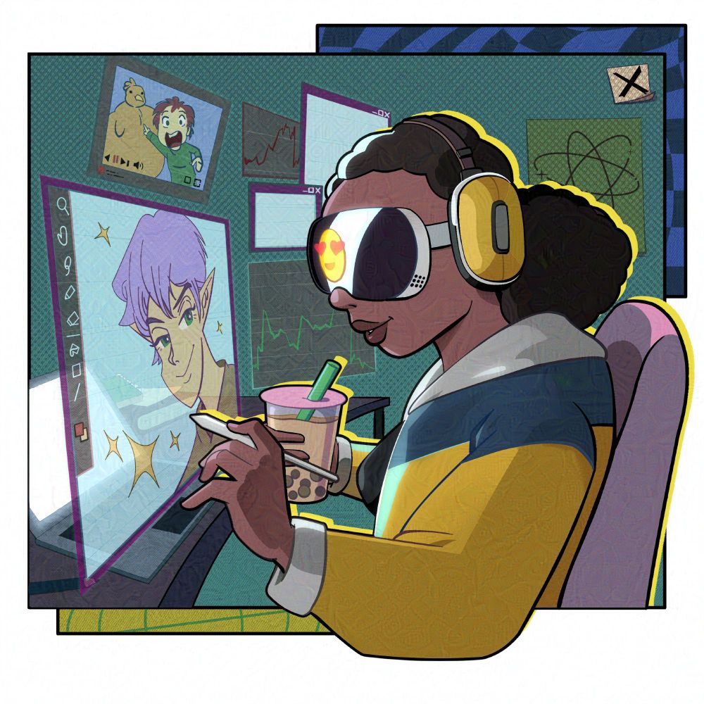 A woman with a VR Headset and Headphones chilling at her computer. Illustration for "Downtime" for Interns In the Dark.