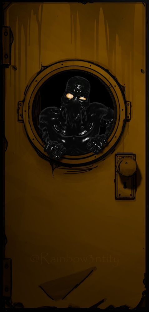 The Mad Artist looking through a circular window in a door with ink materials with reflectivness (new render)