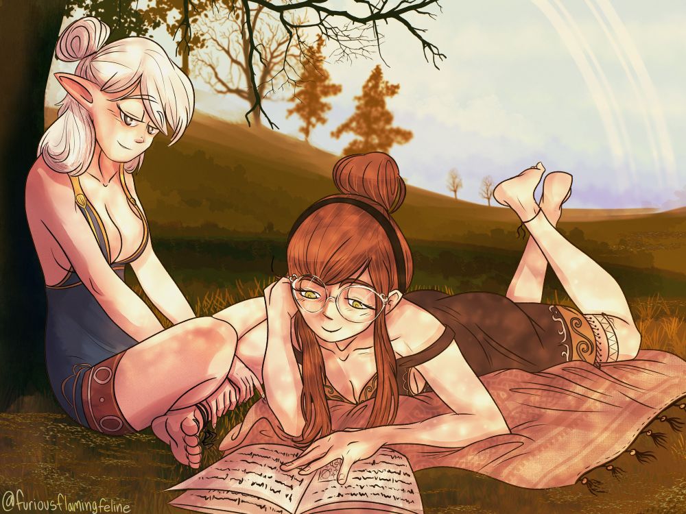 A drawing of two women relaxing under a tree, one is reading a book in a cozy blanket while the other gazes at her lovingly.