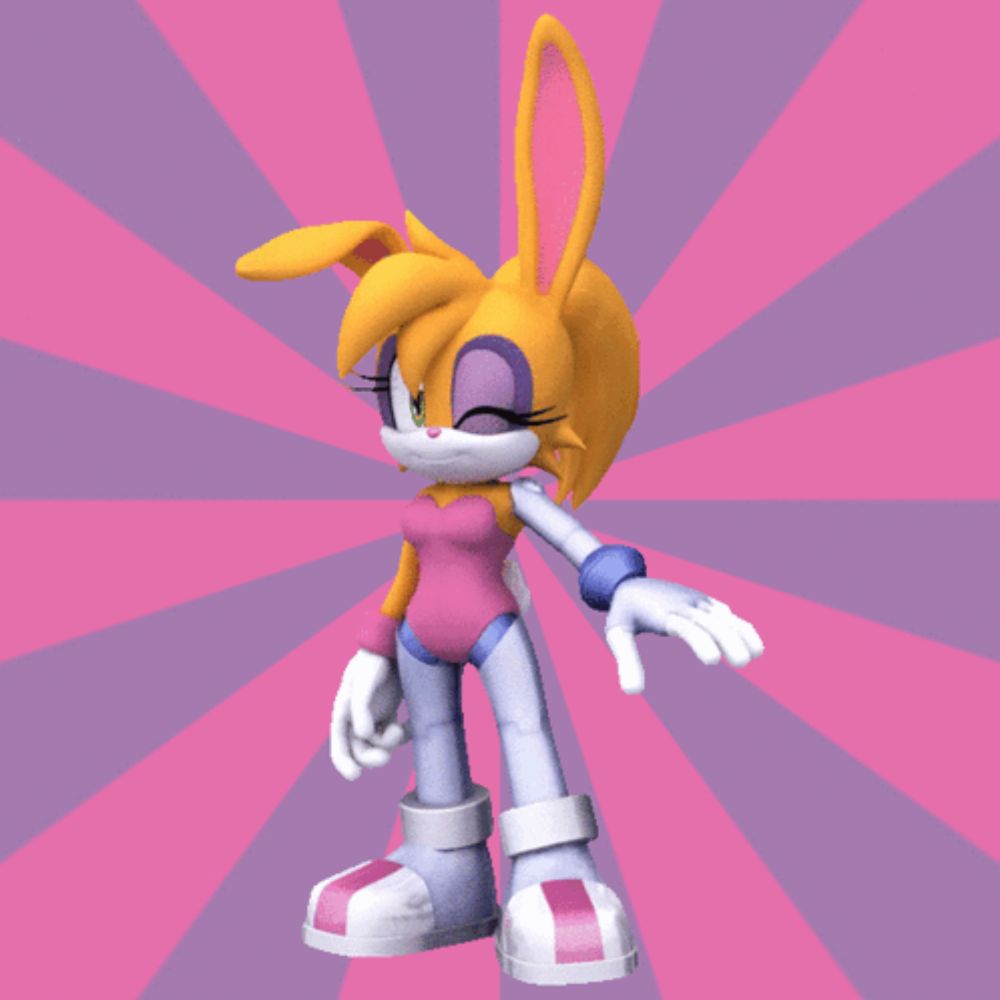 a pink and purple striped background with a cartoon character