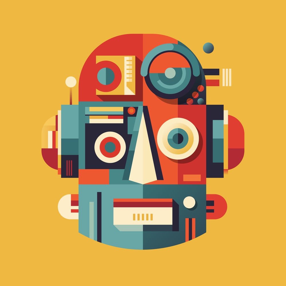 A multi-coloured geometric illustration portrait of a robot character's head in bright playful red green and yellow colours