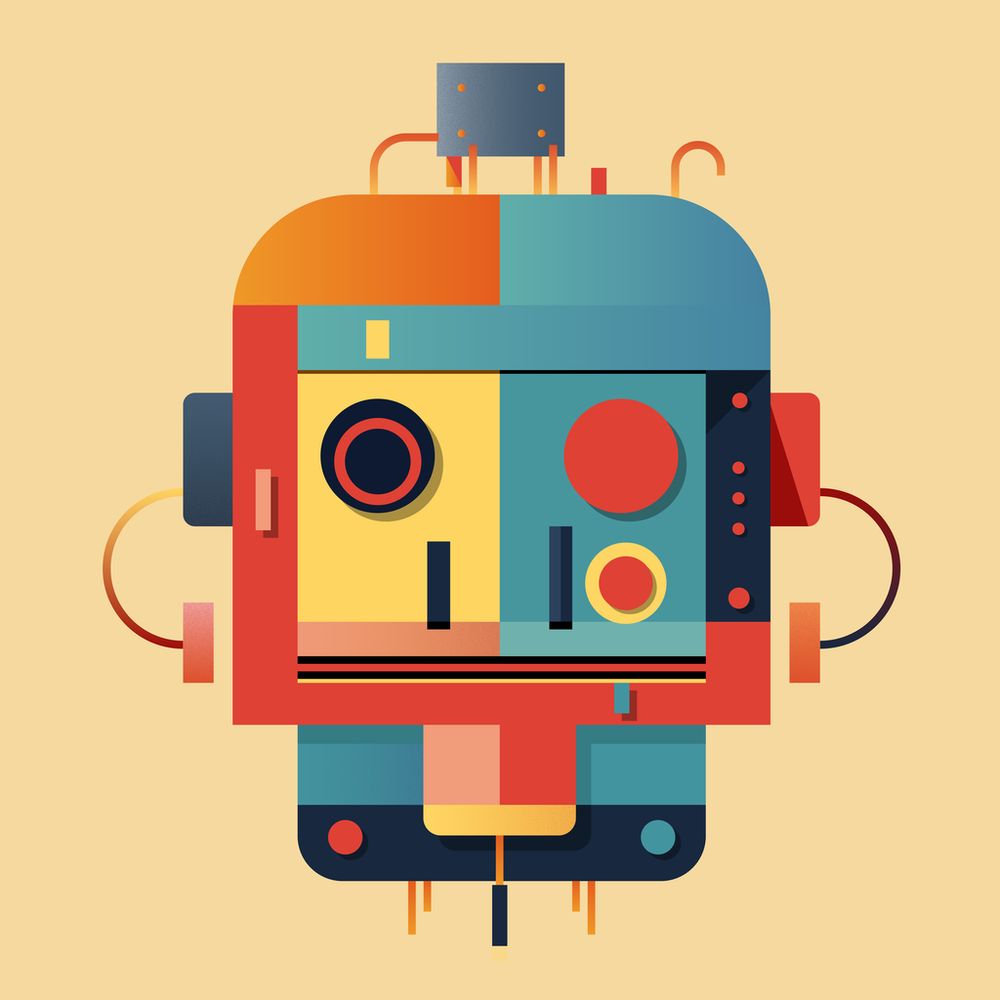 A multi-coloured geometric illustration portrait of a robot character's head in bright playful red green and yellow colours