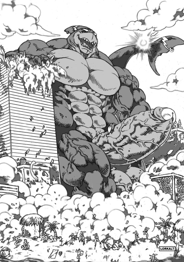 A giant naked shark rampaging in town, about to hit the beach.