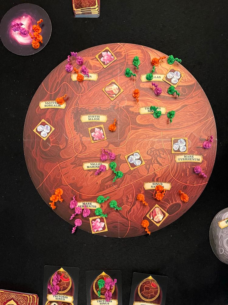 Mission: Red Planet - Zoomed out view of Mars board with various crews on the planet, and some ships in view. 