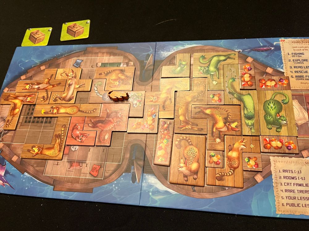 Isle of Cats board game - showing a player’s ship board with lots of cat and treasure tiles. 