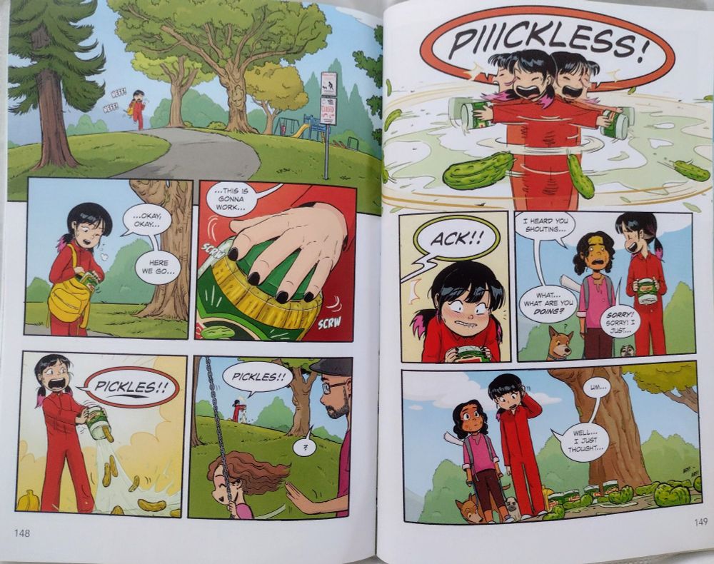 I page from the comic showing a girl opening a jar of pickles and tipping them all over while shouting Pickles!