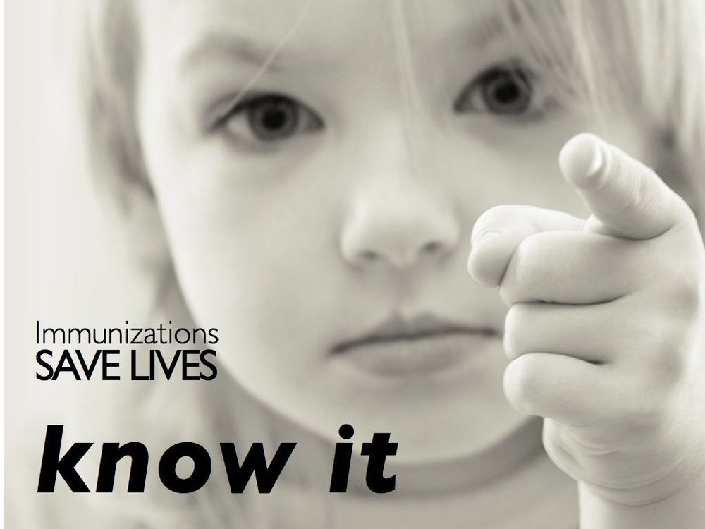 Photo: Young girl pointing finger at you
Caption: Immunizations SAVE LIVES know it