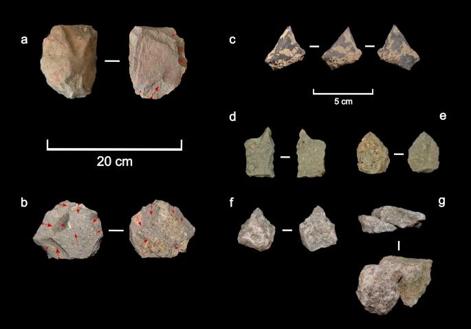 Stone tool selection from layer IV. A: Basalt cleaver on flake. B: Basalt bifacial centripetal core. C-F: Burin-like/dihedral retouched flakes on basalt I, phonolite (D-E) and quartzite (F). G: Quartzite dorsal-ventral refit of two flakes
