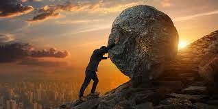 Sisyphus rolling boulder uphill