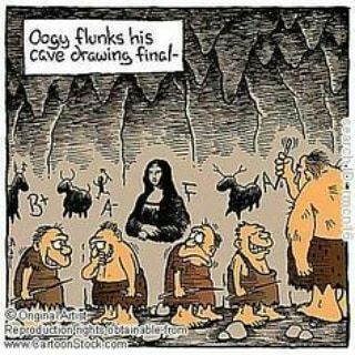 Cave children making typical cave wall paintings and being graded by the teacher. One child has drawn the Mona Lisa and was given an F.