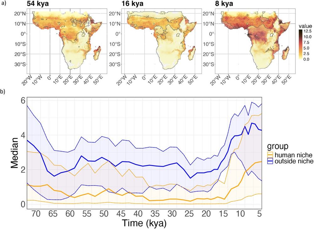 Comparing the extent of human niche and malaria stability index through time a) Extent of the human niche (outlined in black) against the map of malaria stability index at 54, 16 and 8 kya; b) median of level of malaria stability index in the area of human range (dark orange line) and outside the area of human range (dark blue line), including the uncertainty (interquartile, colour in transparency around the darker lines that shows median values). We can see that the level of malaria in the human niche is consistently lower than the areas avoided by humans.