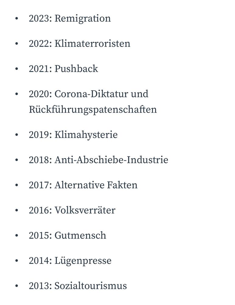 2023: Remigration
2022: Klimaterroristen
2021: Pushback
2020: Corona-Diktatur und Rückführungspatenschaften
2019: Klimahysterie
2018: Anti-Abschiebe-Industrie
2017: Alternative Fakten
2016: Volksverräter
2015: Gutmensch
2014: Lügenpresse
2013: Sozialtourismus