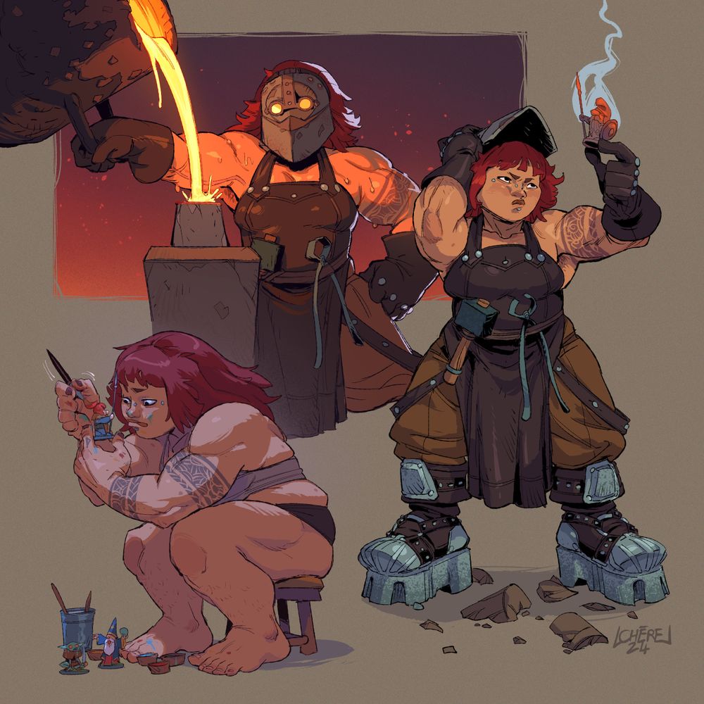Illustration of a red-haired dwarf in different scenes.
The first shows her pouring molten metal into a mould. Her face is protected by an iron mask.
In the second she examines the result of her work. It's a small figurine of a gnome armed with a spear and a shield.
In the last one, she's sitting on a stool without her work clothes. She is focused on painting her figurines.