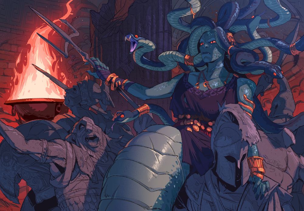 Illustration of Medusa the Gorgon in her lair. 
She stands with poise on a throne mad of her adversaries turned into stone. Her hand rests on the trident of a statue. Behind her, the fire of a brazier burns brightly.