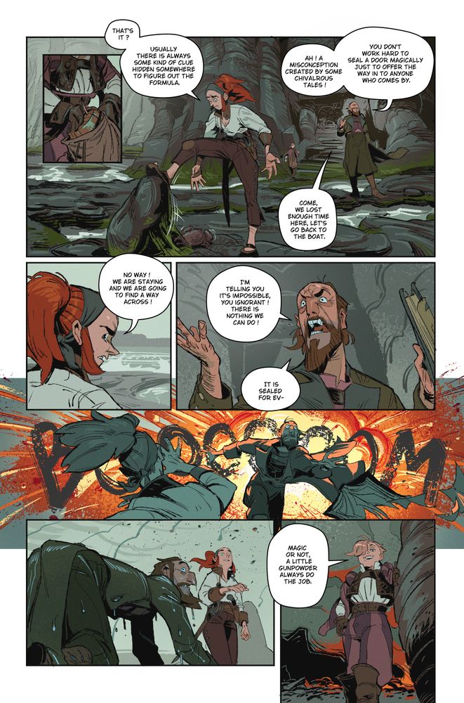 A comic page showing three characters on a rocky shore. In front of them is a gate carved into the rock, and they are looking for a way to open it. 
An argument breaks out between the red-haired girl who wants to continue the search and the sorcerer who wants to give up. They are interrupted by an explosion in the direction of the gate. 
The third protagonist, who had placed the explosives, nonchalantly invites them to carry on their journey now that the way is clear.