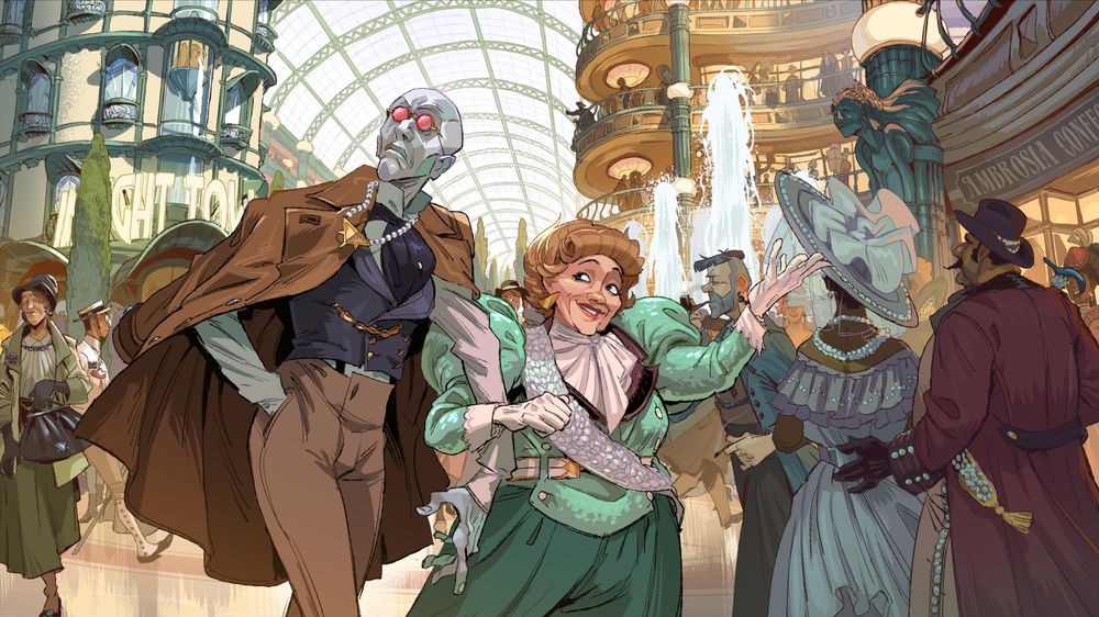 Illustration of a huge Art Nouveau-style shopping mall crowned by a glass roof. A crowd of well-dressed people crosses the place. 
In the centre of the image a man with small red-tinted glasses and metal-tinted skin is dragged by a small middle-aged woman's arm. She is wearing an extravagant mint-coloured outfit. The woman introduces the man to the place with excitement, but he doesn't seem thrilled.