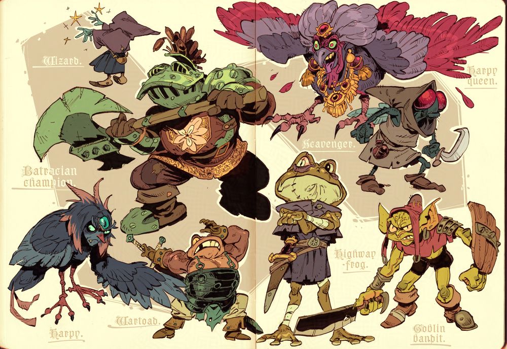 Sketchbook pages depicting a few fantasy inspired ennemies. from top left to bottom right : a tiny wizard, a great harpy covered in gold jewelry, a fly-guy thief, a bullfroag in armor with an axe, a regular harpy, a barbarian toad, a frog assassin with a scar on his face and a classic goblin bandit.
