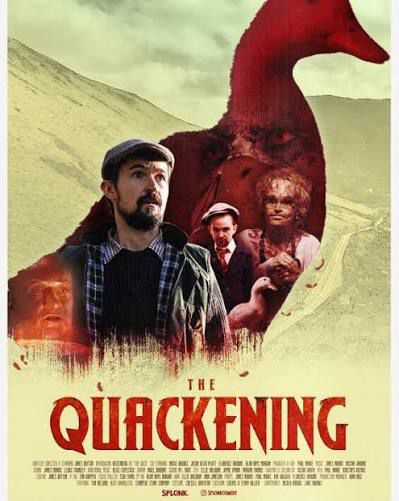 Movie poster for the quackening. The cast displayed inside the silhouette of a duck