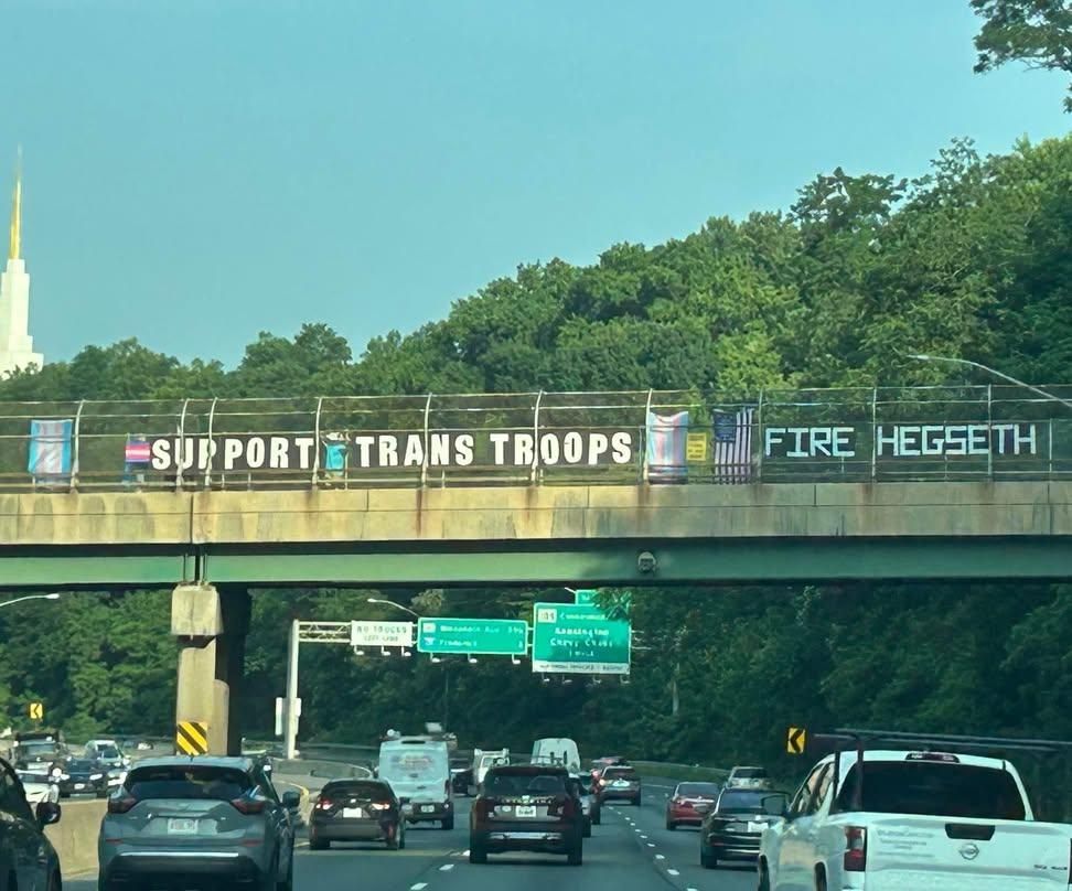 Support trans troops 
Fire Hegseth
*Trans flags and American flags hung*