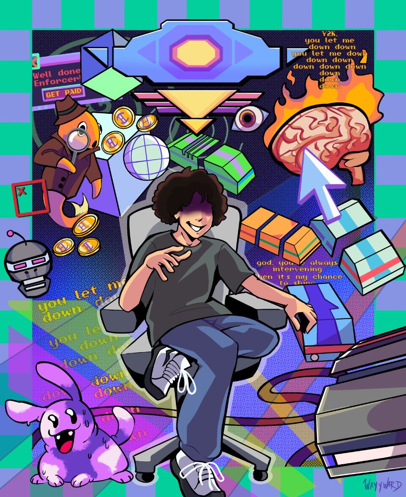 Fanart of the game hypnospace outlaw. Includes gumshoe gooper, dylan merchant, mushi from squisherz, hypii, lyrics to millennium anthem from the soundtrack, and cars from dylan’s bad car game