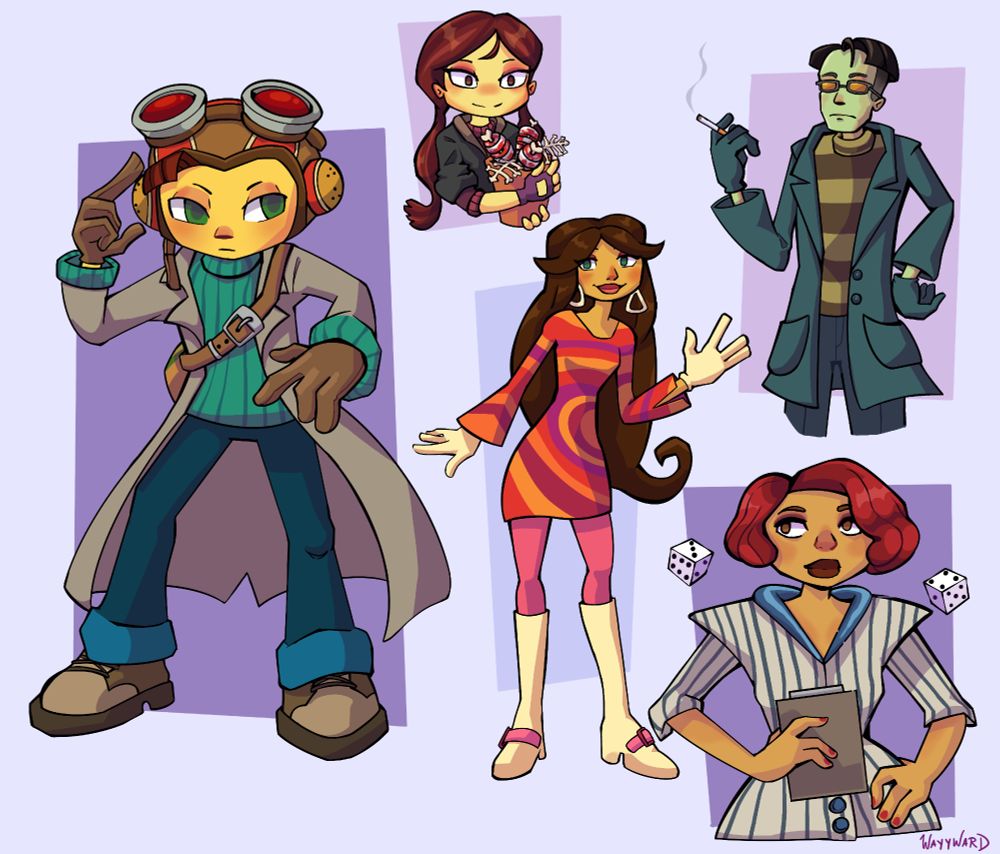 Psychonauts digital art, includes Razputin, Lili, Milla, Sasha, and Hollis.