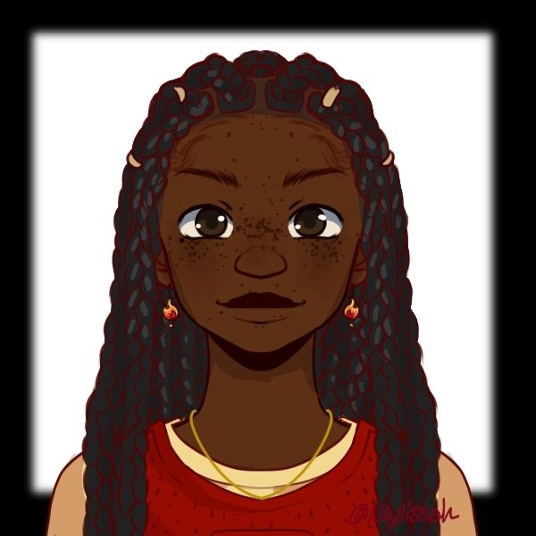 Picrew of a young Black woman with dark eyes and freckles. Has long dark braids with gold decorations near the top, and wears flame earrings and a gold necklace. She has on a yellow sleeved top with a red sleeveless item of clothing on top