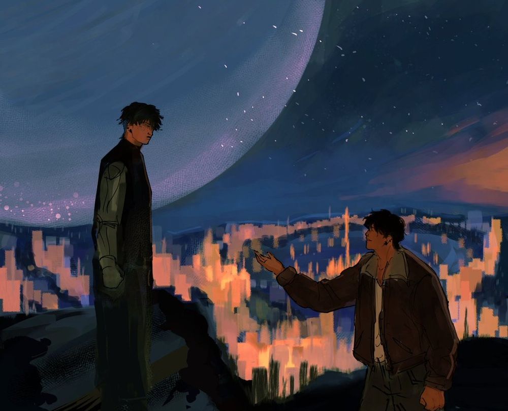Garam reaching out his hand towards Juwan who stands on top of stone stairs. In the background is a bright cityscape, a huge planet in the sky and a sunset.
