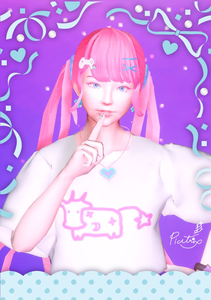 vtuberのPicatrix　今日はTシャツにツインテール！ 顔の前に人指し指を持ってくるポーズ　リボンのフレーム　トレカ風です