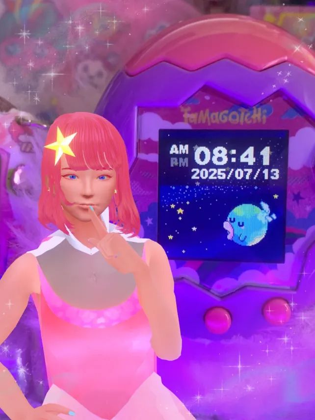 たまごっちパラダイスと育成中の惑星ピカルーン&惑星がまだ寝てるので人差し指を口に宛ててるポーズをしたPicatrix