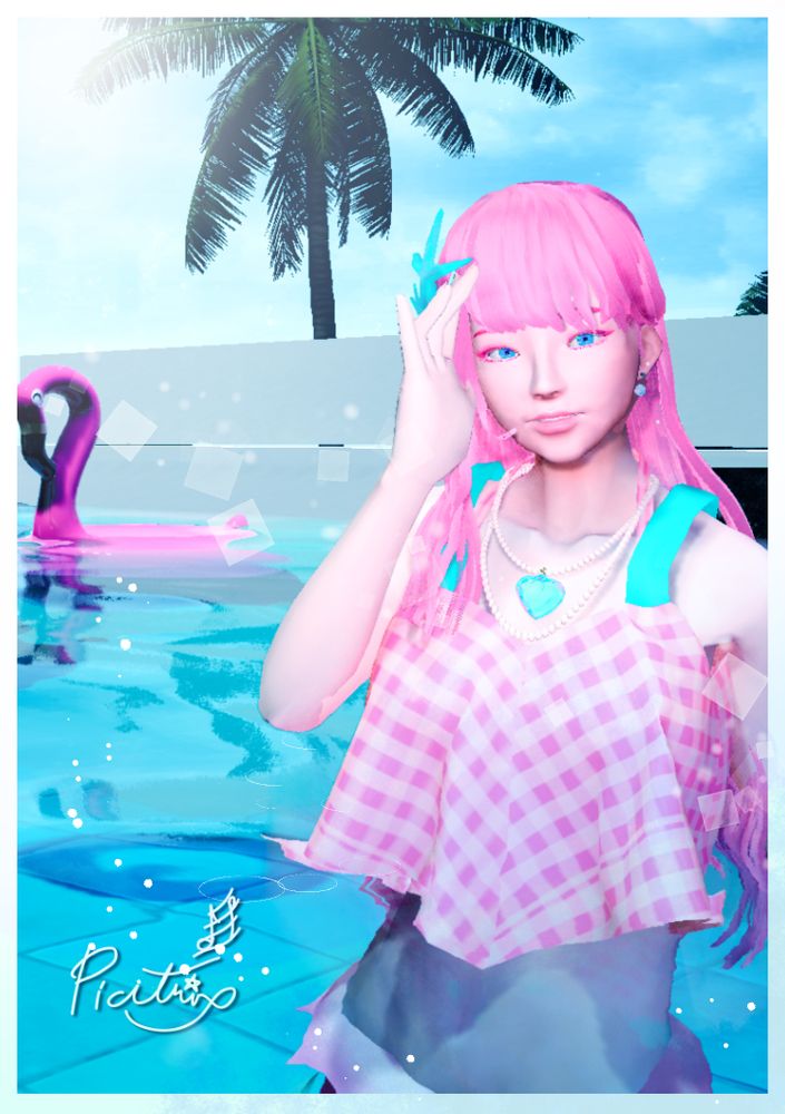 夏なのでプールに水を張ったPicatrix　奥に見えるのはヤシ　左側にフラミンゴうきわ
