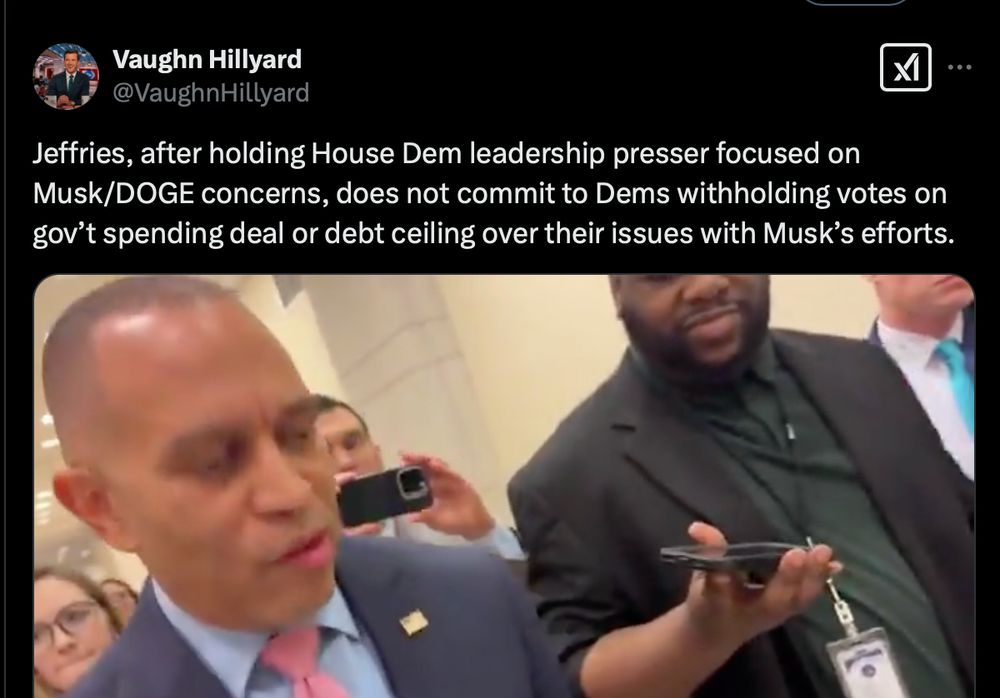 Screenshot of NBC reporter describing interview with Jeffries in which he declines to commit to withholding Democratic votes in the upcoming fight with the House GOP over the budget.