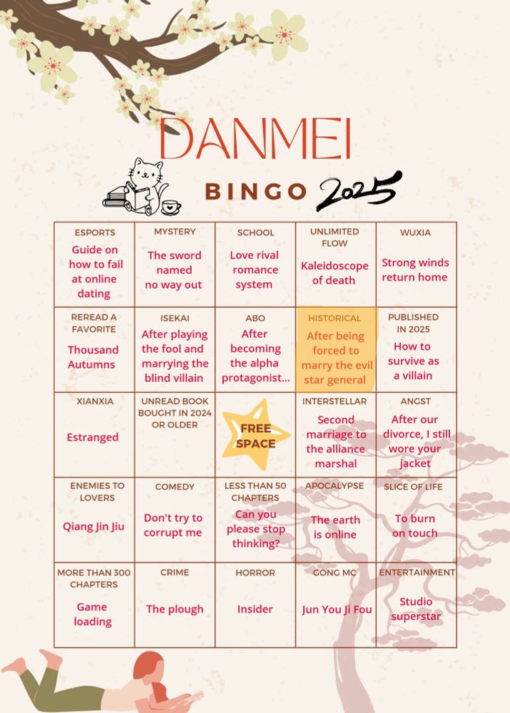 Filled-in bingo template for danmei novels to read.