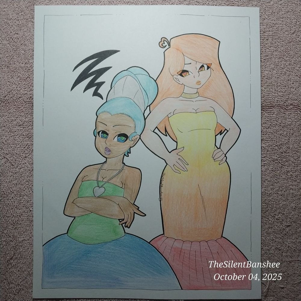 Drawing of 2 women in formal dress. Seemingly quite angry with each other. 