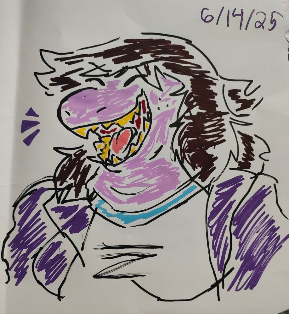 a rough marker drawing of susie deltarune laughing