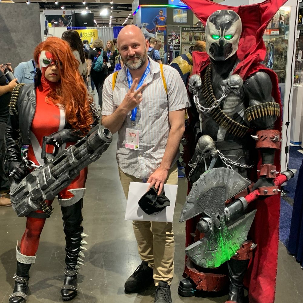 She-Spawn, me, and Spawn, all wearing symbiote suits from hell's dark pits.