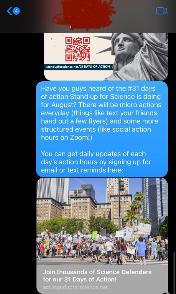 A promotional image for “31 Days of Action” by Stand Up for Science. The top portion features bold red and white diagonal stripes with the campaign title in large white text. The Statue of Liberty is prominently displayed on the right. A QR code and the website URL (standupforscience.net/31-DAYS-OF-ACTION) are shown at the bottom. Below the graphic is a text message in a blue bubble inviting people to join the 31 Days of Action campaign for August, which includes micro actions like texting friends and handing out flyers, as well as structured Zoom events. It encourages signups for daily updates via email or text.