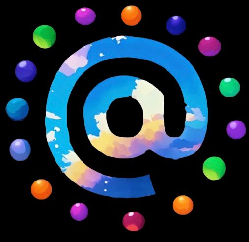 An at symbol that shows a blue sky and clouds and is surround by a series of coloured spheres. 