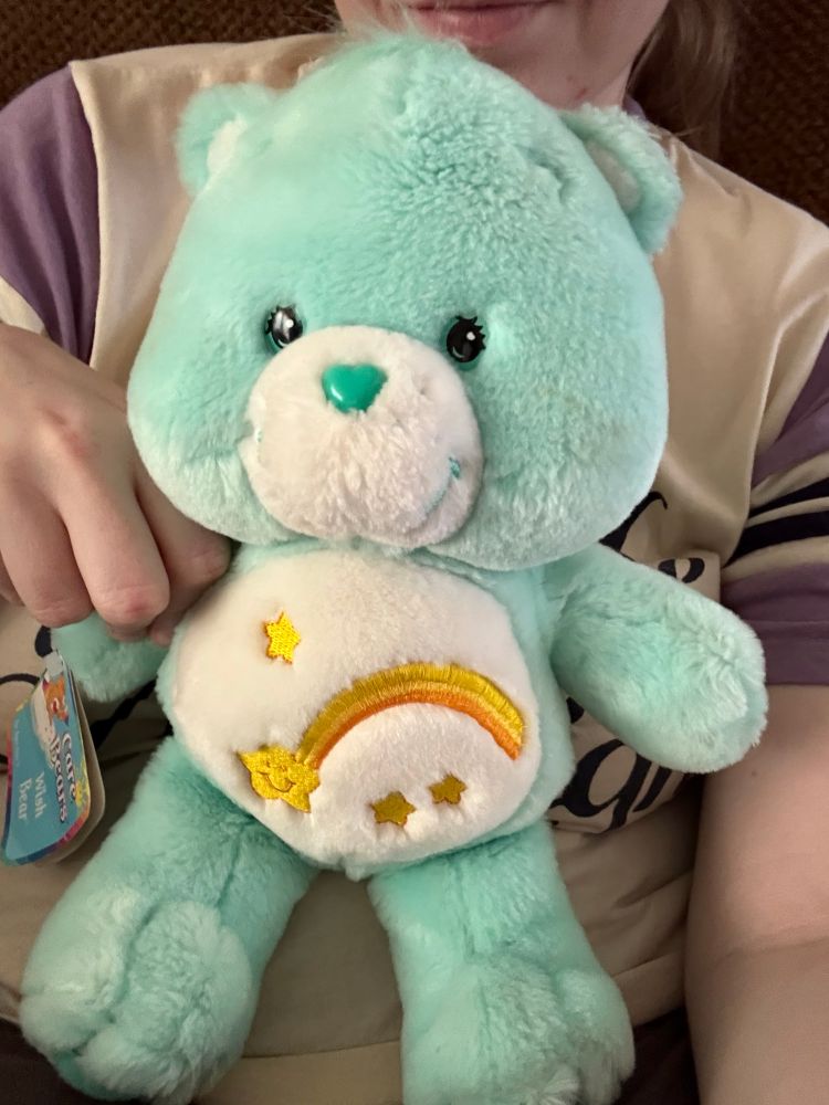 2002 Wish Bear Plush. The character is pastel mint colored with a shooting star on her white belly.