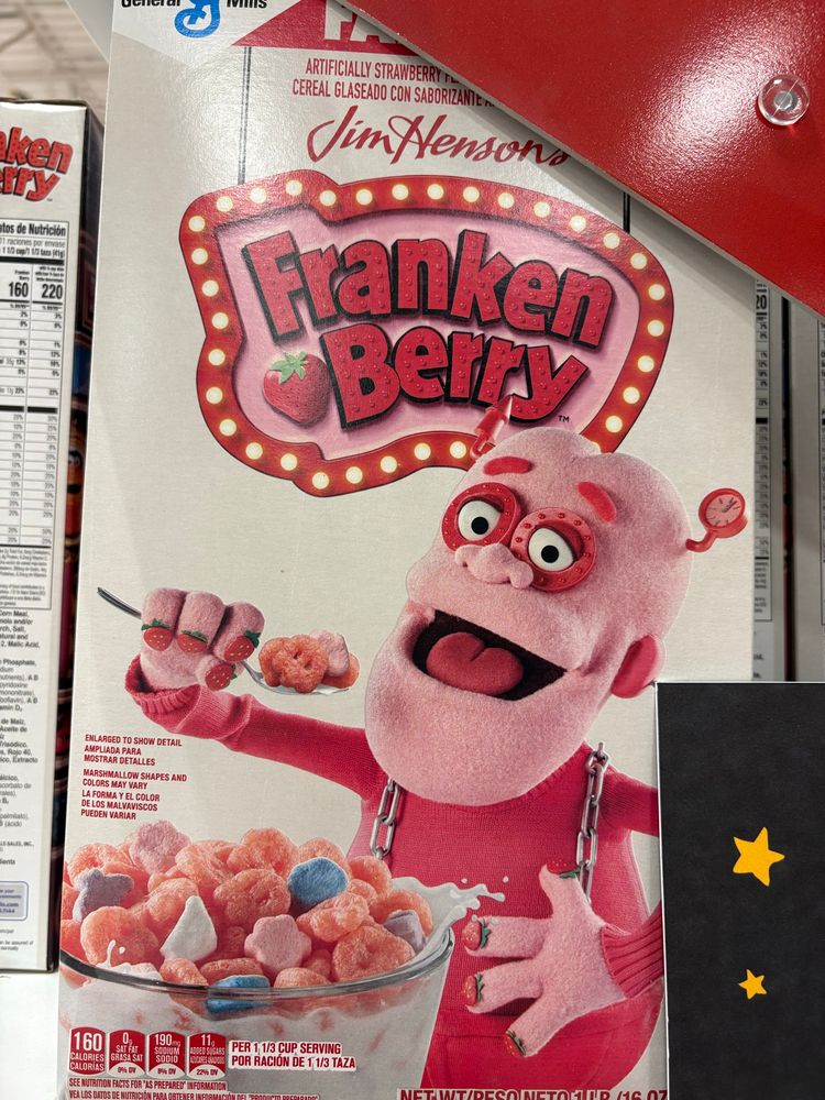 Franken Berry Cereal Box, with its mascot as a Jim Henson style puppet.