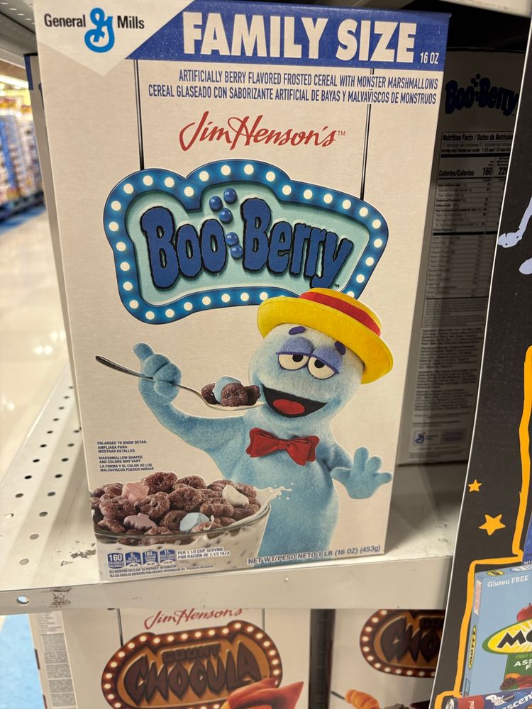 Boo-Berry Cereal Box, with its mascot as a Jim Henson style puppet.