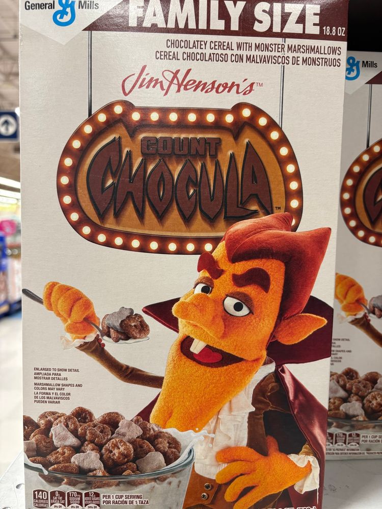 Count Chocula cereal box, with its mascot as a Jim Henson style puppet.