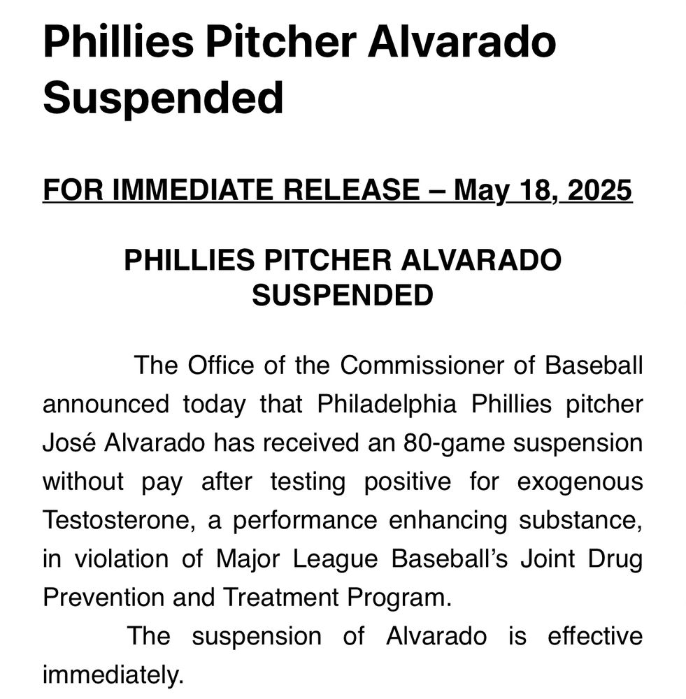 Todd Zolecki's Bluesky post reporting Jose Alvarado's suspension