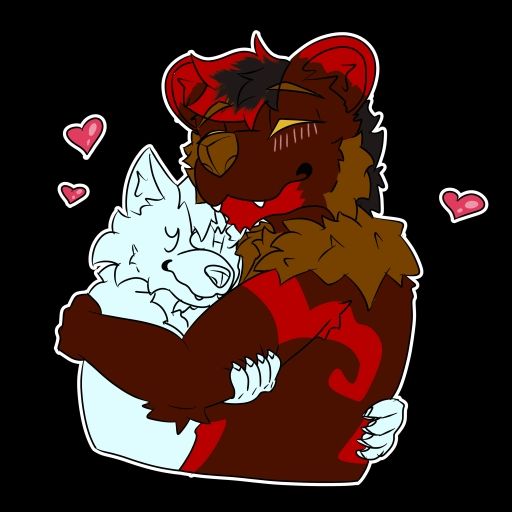An emote of Duskhorn, an anthropomorphic bear, hugging another "your character here" anthropomorphic animal