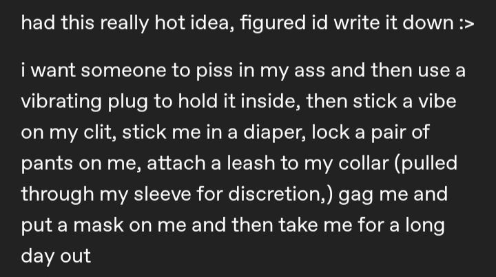 text post that reads as follows:
had this really hot idea, figured id write it down :>

i want someone to piss in my ass and then use a vibrating plug to hold it inside, then stick a vibe on my clit, stick me in a diaper, lock a pair of pants on me, attach a leash to my collar (pulled through my sleeve for discretion,) gag me and put a mask on me and then take me for a long day out
