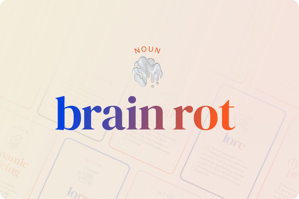 The words 'brain rot' in a blue-to-red gradient on a creamy pink background